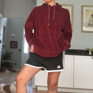Wine velvet hoodie sweatshirt with drawstrings